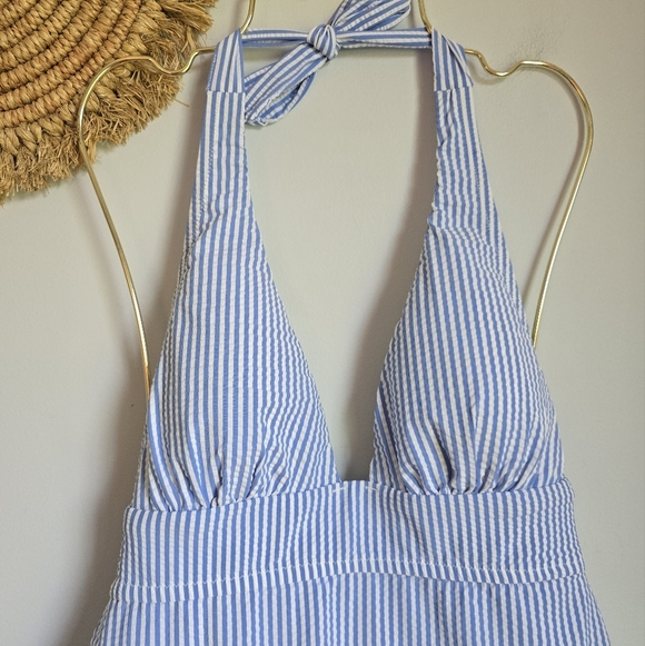 J. Crew, New Blue & White Seersucker Plunging Halter Swim Dress Swimsuit SZ 6 - Picture 3 of 10
